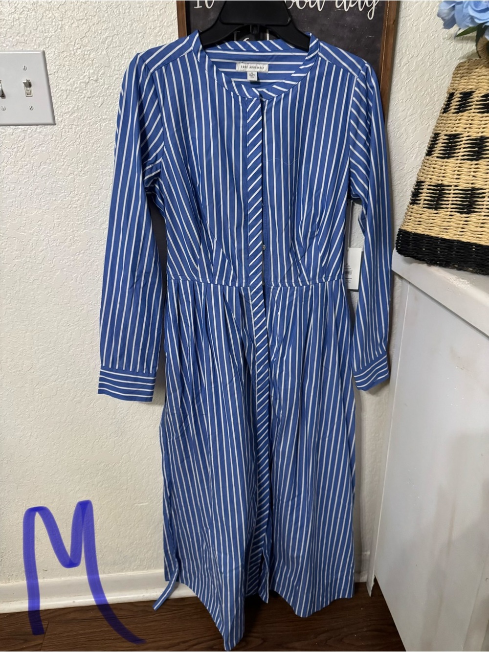 Blue and White Striped Midi Shirt Dress